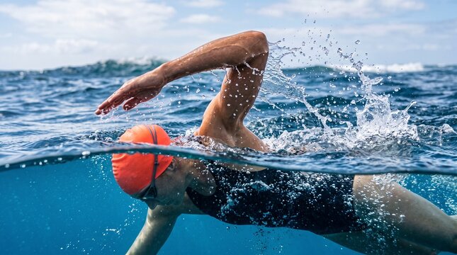 Over-under split level view of a triathlete swimming front crawl freestyle in open ocean water with dynamic splashes and bubbles.