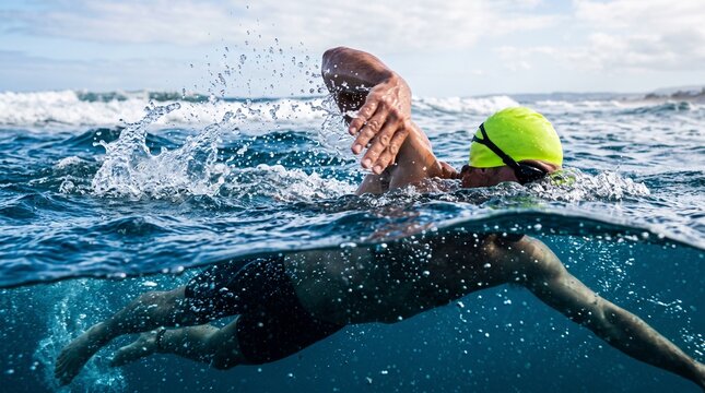 Over-under split level view of a triathlete swimming front crawl freestyle in open ocean water with dynamic splashes and bubbles.