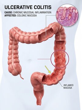 Medical Illustration of Ulcerative Colitis Showing Inflamed Colon Mucosa and Ulcers