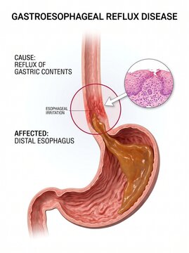 Gastroesophageal Reflux Disease GERD Medical Illustration showing Acid Reflux in Stomach