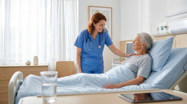 Friendly female nurse smiling and comforting senior woman patient in hospital bed.