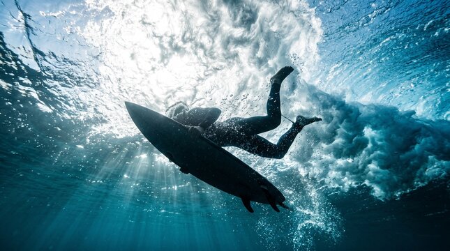 Underwater shot of a surfer performing a duck dive with a surfboard under a breaking wave with sunbeams streaming through clear blue water.