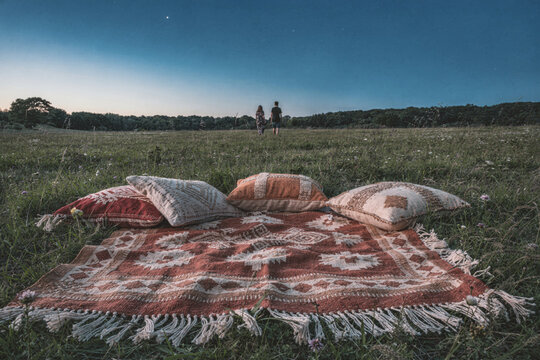 Bohemian Picnic Blanket and Pillows in Twilight Meadow