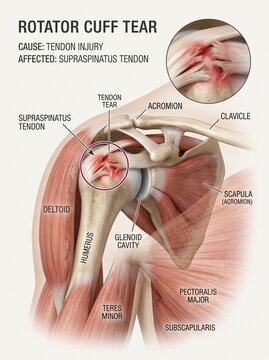 Medical illustration of a human shoulder showing a rotator cuff tear and supraspinatus tendon injury with anatomical labels