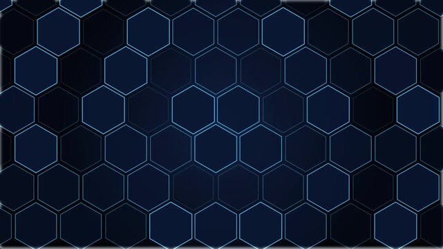 Abstract looping 3d animation of metallic hexagons with glowing neon blue light in wave motion, futuristic tech background