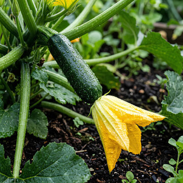 Fresh Zucchini Growing on Vine with Yellow Flower in Garden