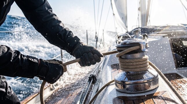 Close-up of a sailor pulling a rigging rope on a yacht winch amidst ocean waves and sea spray.
