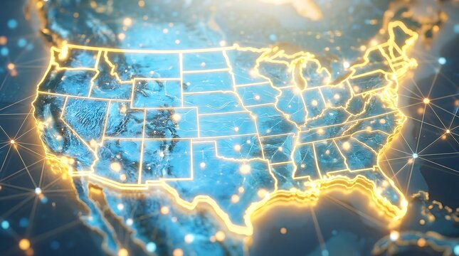 Digital map of the united states with glowing network connections