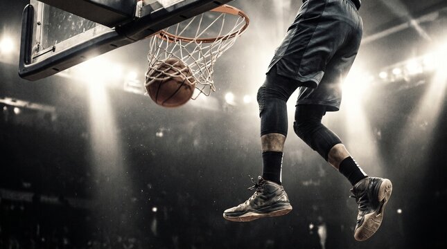 Low angle view of a professional basketball player performing a powerful slam dunk into the hoop in a dramatic stadium arena.