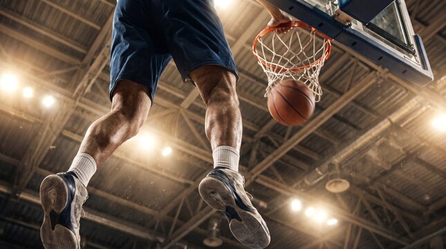 Low angle view of a professional basketball player performing a powerful slam dunk into the hoop in a dramatic stadium arena.