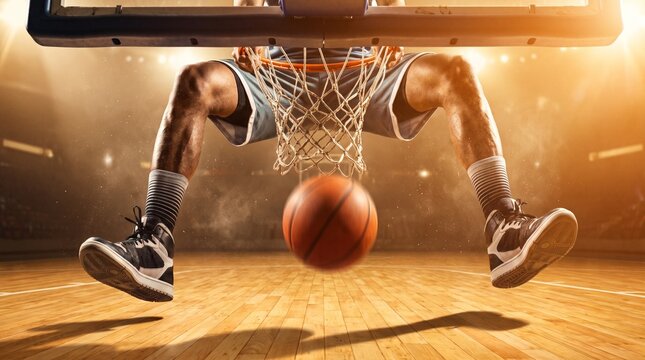 Low angle view of a professional basketball player performing a powerful slam dunk into the hoop in a dramatic stadium arena.