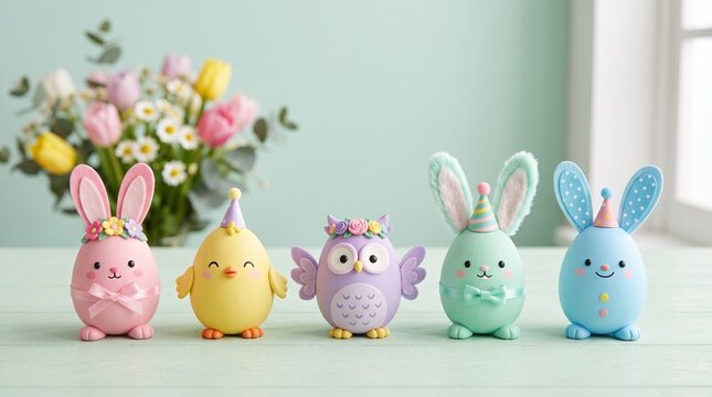 Cute pastel easter egg bunny characters on minimalist background 