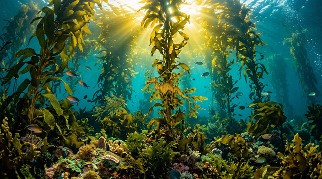 Sunlight streams through tall kelp forest underwater creating bright rays and illuminating fish.