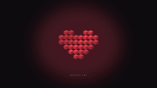 3d animation loop red heart pixels cubes pulsing fading in and out, love symbol health care concepts