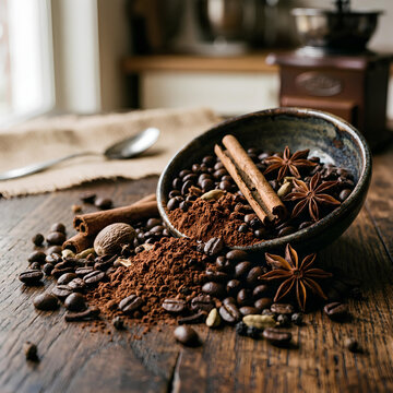 Freshly Roasted Coffee Beans Ground Coffee Cinnamon Sticks Star Anise Nutmeg