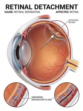 Retinal Detachment Medical Diagram Showing Human Eye Anatomy and Separation Plane