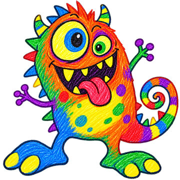 Colorful Silly Crayon Monster Character with Goofy Expression