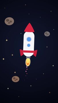 Animated rocket spaceship flying in starry cosmos with planets and asteroids, space exploration loop