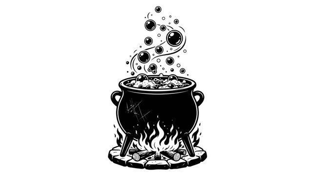 Magical witch cauldron brewing a bubbling potion over a burning camp fire with rising smoke creating mystery for fantasy stories and holiday celebration designs during the autumn season