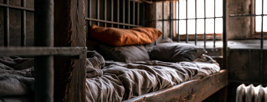 Prison cell bunk bed with blankets and pillows in dim light  