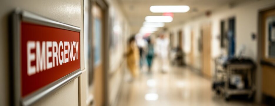 Emergency sign on a hospital wall with blurred corridor background  