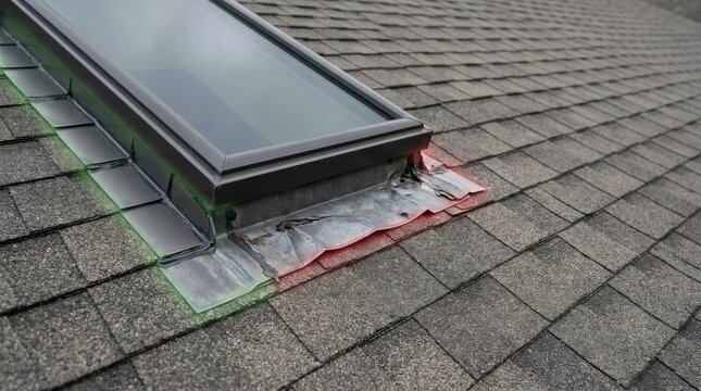Modern glass skylight window installation with custom metal flashing and sealant on textured grey asphalt shingle roof structure.