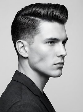 Black and white portrait of a man with a classic pompadour