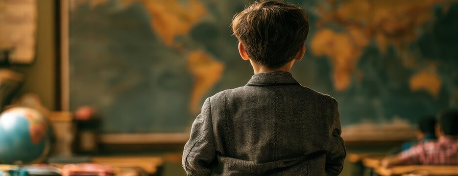 Young boy student looking at a world map in a classroom setting, back view   