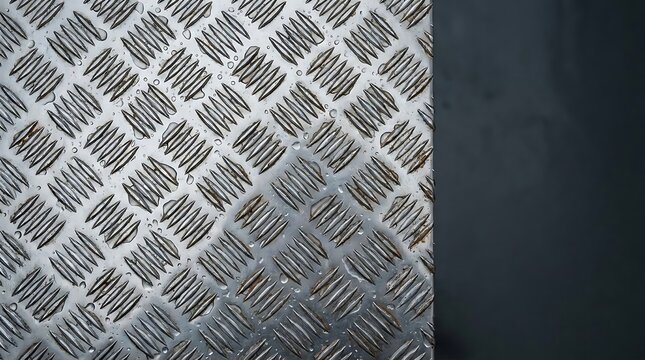 A macro view of a silver diamond plate class prompt engineer industrial metal texture with fresh water droplets and dark textured copy space for commercial design.