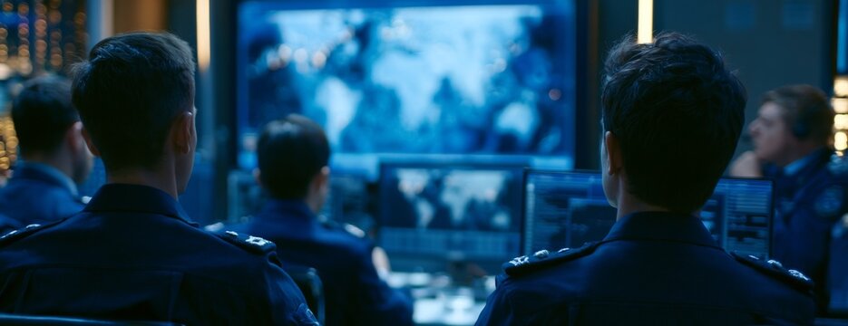 Military personnel monitoring operations in a control room  
