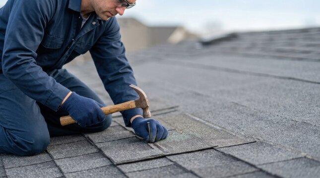Professional roofer installing new asphalt shingles on residential house roof using hammer during exterior home improvement job.