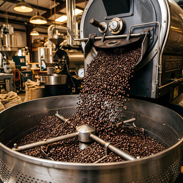 Freshly Roasted Coffee Beans Pouring From Industrial Roaster Machine