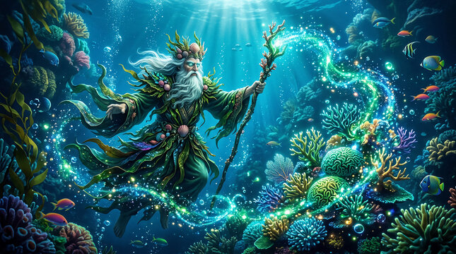 Ancient merman with white beard and crown conjures glowing magic spells amidst colorful coral and fish.