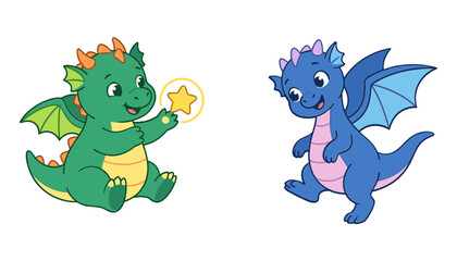 Cute Fantasy Dragon Character Collection with Green and Blue Baby Dragons Wings Magical Star and Playful Cartoon Creature Designs