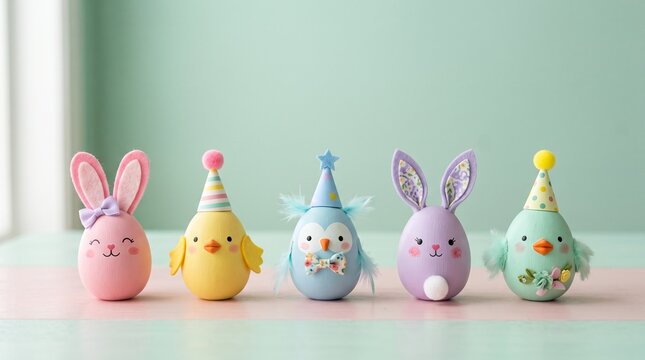 Cute pastel easter egg bunny characters on minimalist background 