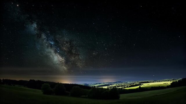 Milky Way Galaxy Arches over Rolling Green Hills at Night with Starry Sky and Dark Forest Silhouette
