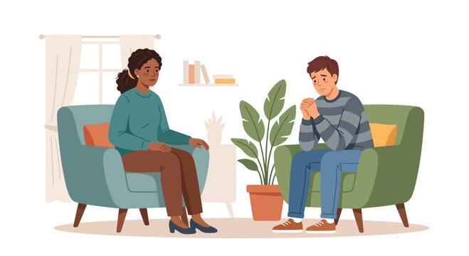 Professional female psychologist listening to sad young man in mental health counseling session flat vector element.