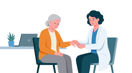 Fototapeta premium Professional rheumatologist and elderly female patient examining hand joints during medical consultation flat vector illustration