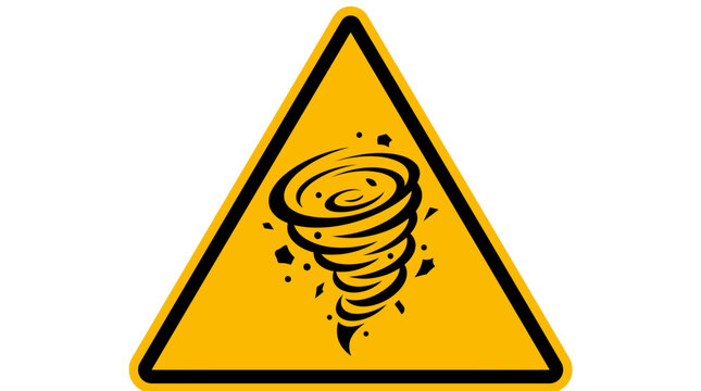 Yellow triangle warning sign featuring a stylized black vector illustration of a powerful tornado cyclone storm symbol created for modern digital safety and hazard signage concepts