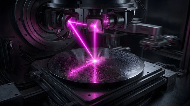 Advanced photolithography semiconductor manufacturing machine etching silicon wafer with pink laser beam