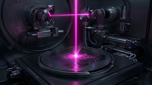 Advanced photolithography semiconductor manufacturing machine etching silicon wafer with pink laser beam