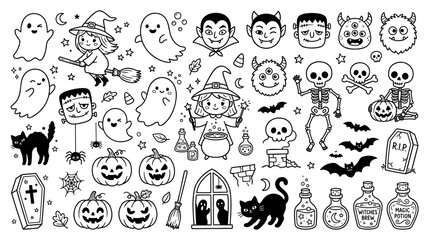 Obraz premium Halloween Character and Symbol Line Art Collection with Ghosts, Witches, Vampires, Pumpkins, Skeletons, Cats, Tombstones, and Haunted Icons