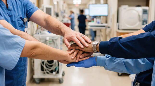 Hospital medical team putting hands together in unity, doctors and nurses showing teamwork and support in busy emergency room corridor.