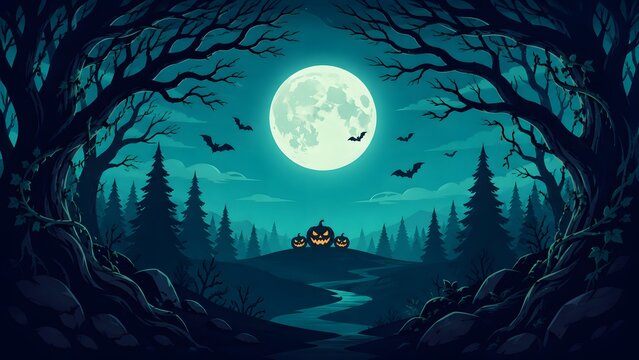 A hauntingly beautiful halloween night scene depicts a spooky forest silhouetted against a bright full moon creating a chilling and atmospheric backdrop perfect for seasonal
