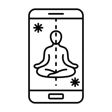 Mobile phone displaying meditation icon with person in lotus pose for wellness app