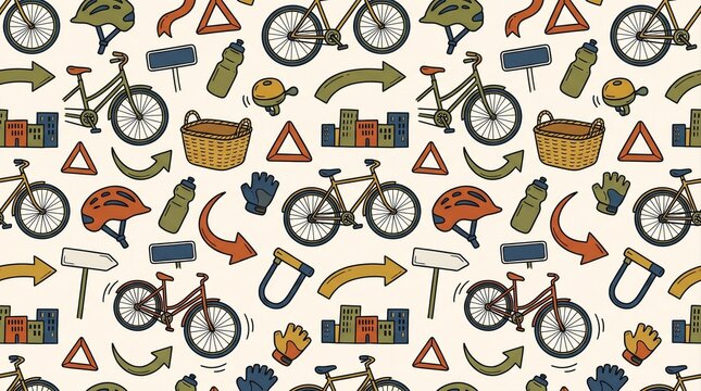 Seamless city cycling pattern with bicycles, helmets, and urban transport icons.