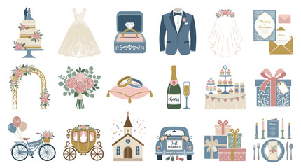Fototapeta premium Flat Wedding Icons Collection: Bridal Ceremony Elements and Celebration Objects Vector Illustration.