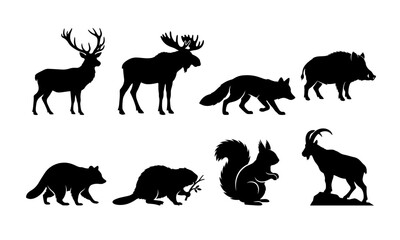 Fototapeta premium Black Wild Forest Animals Silhouettes Vector Set Isolated on White Background for Wildlife Designs