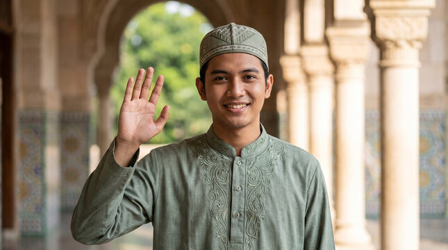 Handsome Muslim male model wearing a patterned green cap and embroidered shirt waving casually while standing in a classic pillared corridor