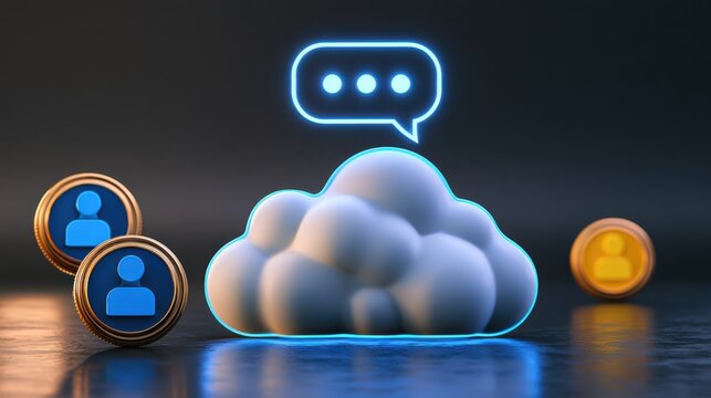 A glowing cloud icon with a chat bubble hovers amidst floating user profile coins, symbolizing cloud communication and digital interaction.